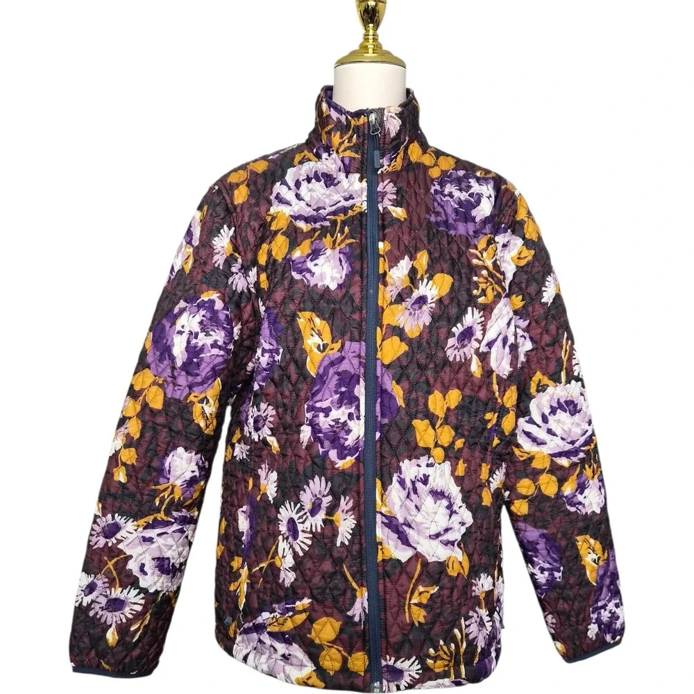 Lands End Womens Floral Quilted Jacket Lightweight Primaloft Full‎ Zip Sz XL 18